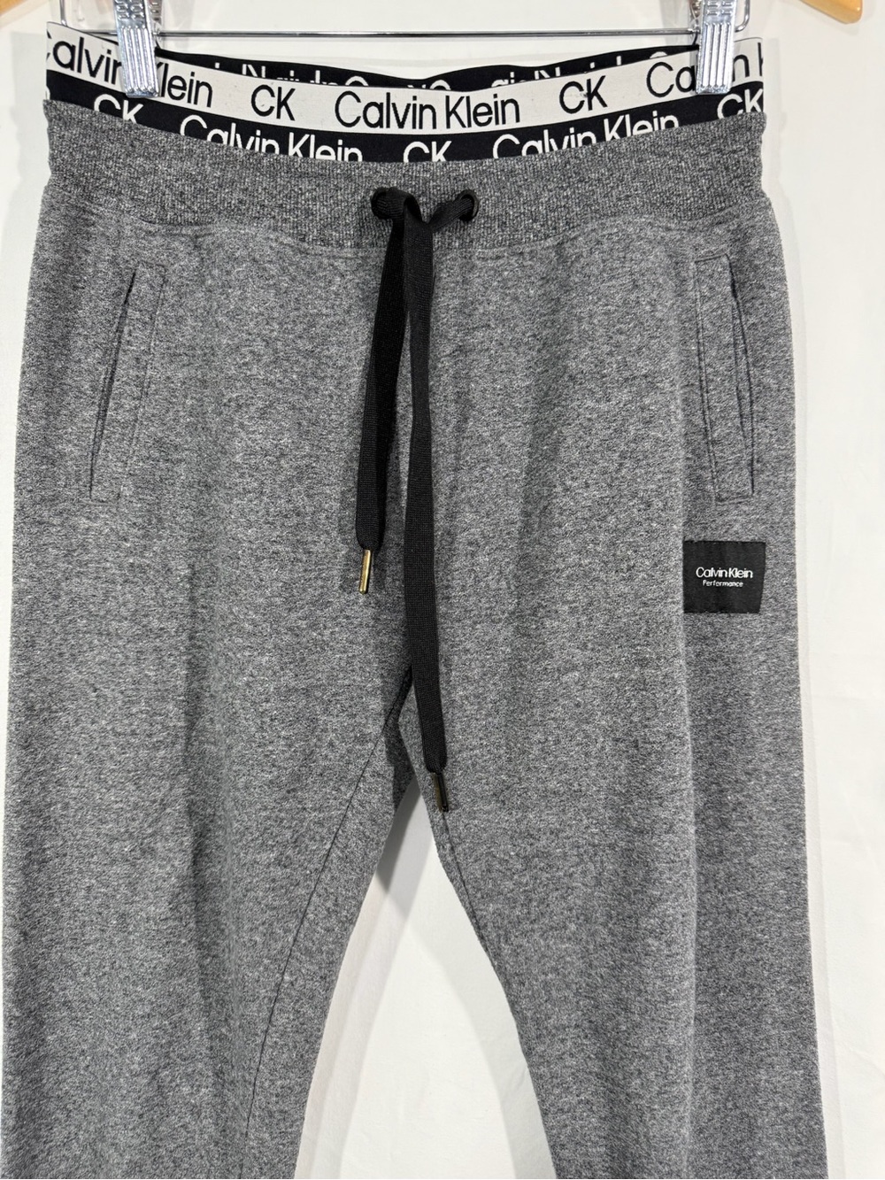 Calvin Klein Men's Heather Gray Knit Joggers with Black Drawstring